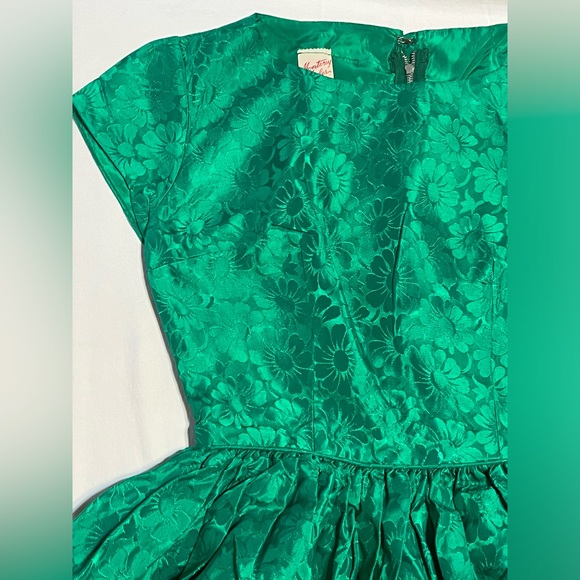 Vintage 60s Brocade Emerald Green Monterey Modes Dress Full Skirt Rockabilly 50s - Picture 2 of 13